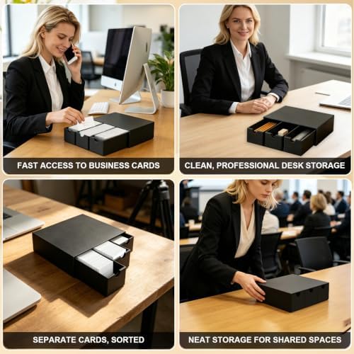 Business Card Storage Box 3 Pack, Stackable Business Card Organizer with 9 Pull-Out Drawers and Labels, Holds Up to 4500 Cards, Black Corrugated Desktop Filing Boxes - Image 6