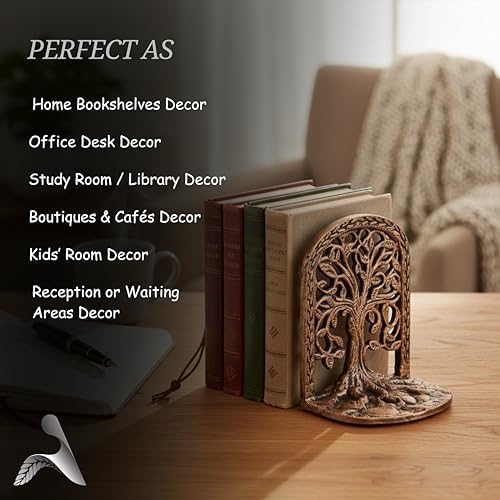 Tree of Life Bookends Set Heavy Duty Metal Book Ends for Shelves | Antique Brass Iron Decorative Bookend Pair for Home, Office, Library or Study | Elegant Vintage Style Book Holder Décor - Image 3