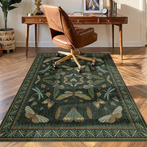 Dark Green Vintage Insect Office Chair Mat 4'x5', Decorative Desk Rug for Hardwood Floors, Washable Non Slip Low Pile Computer Chair Rug, 48"x60" Floor Protector for Home Office by JTJ