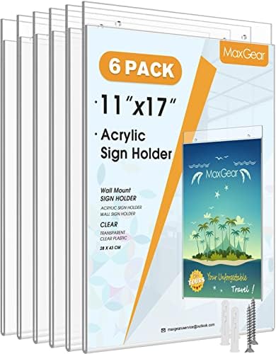 MaxGear Acrylic Wall Mount Sign Holder, 11 x 17 Vertical, 6 Pack by MaxGear