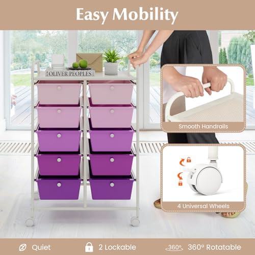 LDAILY 10 Drawer Rolling Cart, Storage Cart Organizer on Wheels, Drawer Cart with Metal Frame & Large Storage Capacity, Rolling Cart with Drawers for Living Room Classroom, Office - Image 4
