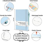 feela 5 Pack Notebooks Journals Bulk, Hardcover Notebook Classic Ruled Lined Journals with Pen Holder for Women Girls School Business Supplies, with 5 Black Pens, 120 GSM, 5.1”x8.3”, A5, Light Blue - Image 2