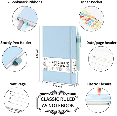 feela 5 Pack Notebooks Journals Bulk, Hardcover Notebook Classic Ruled Lined Journals with Pen Holder for Women Girls School Business Supplies, with 5 Black Pens, 120 GSM, 5.1”x8.3”, A5, Light Blue - Image 2