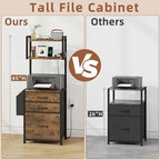 HIGDBFE 3 Drawer File Cabinet with Charging Station, 45''H, 3-Tier Small Filing Cabinet for Home Office, 11''*16'' for Small Printer, Fabric Drawer Fits Letter/A4, Tall Printer Stand, Rustic Brown - Image 4