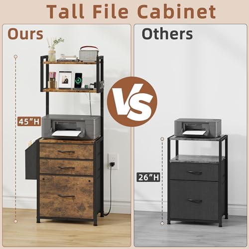 HIGDBFE 3 Drawer File Cabinet with Charging Station, 45''H, 3-Tier Small Filing Cabinet for Home Office, 11''*16'' for Small Printer, Fabric Drawer Fits Letter/A4, Tall Printer Stand, Rustic Brown - Image 4