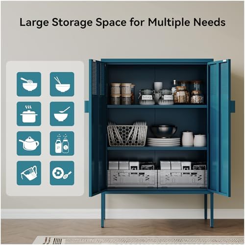 COFaR Peacock Blue Metal Cabinet, 47”H Modern Sideboard with Adjustable Shelves, Stylish Coffee Bar & Buffet Storage for Dining Room, Kitchen, Ventilated Metal Organizer with Magnetic Doors - Image 6