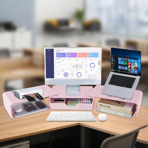 LEKETREE Dual Monitor Stand Riser with Drawer, Desk Organizer and Accessories, Pink Monitor Stand for Desk, Desktop Stand for Computer, Laptop, TV and More (Pink) - Image 2