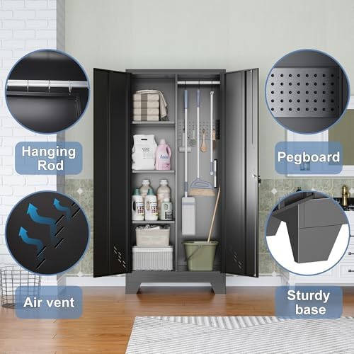 61" Metal Storage Cabinet with Lockable Doors, Cleaning Supply Cabinet with Pegboard and Hanging Rod. Garage Tool Storage Cabinets for Home, Laundry, Office, Home Kitchen Utility Cabinet - Image 5
