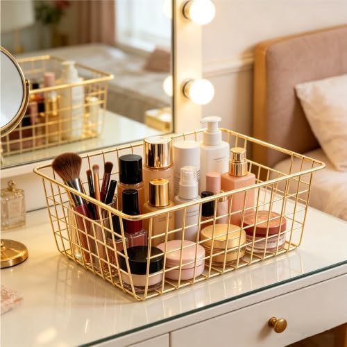 3 Pack Large Wire Baskets, Sturdy Gold Wire Basket, Metal Gold Basket for Organizing Kitchen, for Food Pantry Home Office Desk Shelf Bathroom Bedroom (14.2 x 11.1 x 6.3 inch) - Image 4