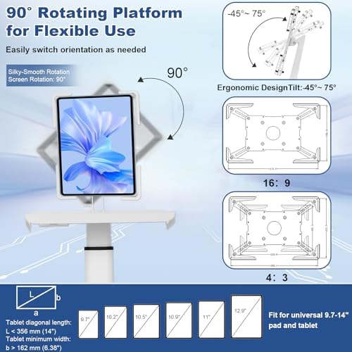 Mobile Tablet Cart for 9.7"-14" Tablet, Adjustable Height with Pneumatic Lifting(31.5" - 47.25"), Storage Basket, Cup Holder, Cable Management for Home, Office and Salon, Cold-Rolled Steel - Image 3