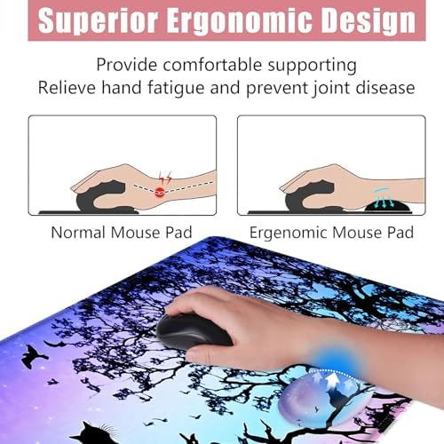 Large Keyboard Mouse Pad Set, Extended Mouse Pad+Keyboard Wrist Rest Support, Memory Foam Ergonomic Easy Typing, 4Pcs (31.5×11.8 in) Desk Pad Set for Office Home,Black Cat Under Starry Night - Image 5