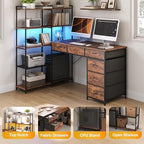 Garvee L Shaped Gaming Computer Desk with 6 Fabric Drawers, Corner Gaming Desk with Open Shelves, Home Office PC Table with Power Outlets & LED Lights, 58.3" l*54.3" h, Rustic Brown - Image 3