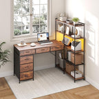 Garvee L Shaped Gaming Computer Desk with 6 Fabric Drawers, Corner Gaming Desk with Open Shelves, Home Office PC Table with Power Outlets & LED Lights, 58.3" l*54.3" h, Rustic Brown by Garvee