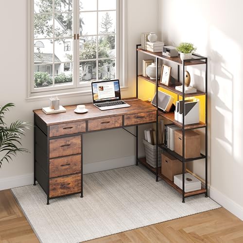 Garvee L Shaped Gaming Computer Desk with 6 Fabric Drawers, Corner Gaming Desk with Open Shelves, Home Office PC Table with Power Outlets & LED Lights, 58.3" l*54.3" h, Rustic Brown by Garvee