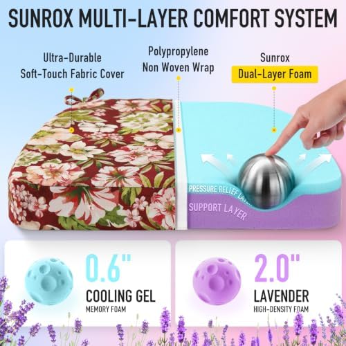 SUNROX Cooling Gel Memory Foam Chair Cushions, 2.6" Thick U-Shaped Dual-Layer Comfort Dining Chair Pads, Non Slip Seat Cushion with Ties for Indoor Kitchen Office 17"x16" Set of 4, Red Magnolia - Image 2