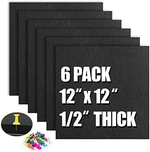 AKTOP Cork Board Bulletin Board 12x12, 1/2" Thick Felt Cork Board Tiles 6 Pack, Small Square Pin Board for Wall, Self Adhesive Corkboards with 60 Push Pin Wood Clips for School, Home & Office, Black by Buynow