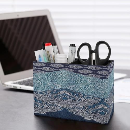 PU Leather Multi-Compartment Pen Holder Desktop Organizer Pencil Cup Storage Caddy for Office Home Supplies Boho Paisley India Bohemia Dark Navy - Image 5