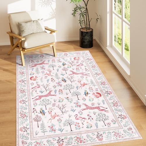 DUKINO 3x5 Rug, Washable Animal Area Rug for Bedroom Non Slip, Pink by DUKINO