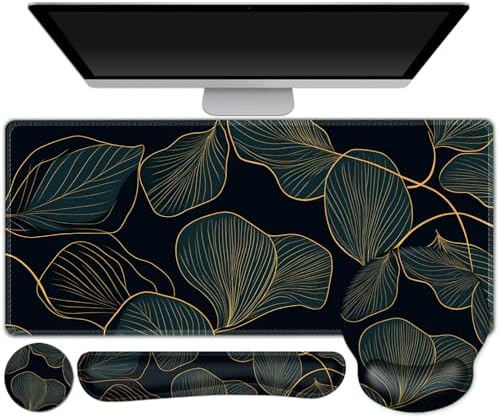 ARTSO Desk Mat Set, Large Gaming Mouse Pad Wrist Support, Keyboard Wrist Rest Ergonomic Desk Pad with Coaster Combo, Extended Mousepad with Non-Slip, Art Tropical Leaves by Artso