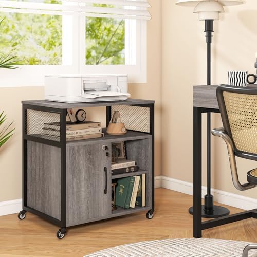 GIANTEX File Cabinet, Lateral Filing Cabinet with Lock, Wheels, Charging Station, Cable Hole, Lockable Side Cabinet, Adjustable Shelves, Metal Frame, Printer Stand for Home Office Small Space (Grey) - Image 4