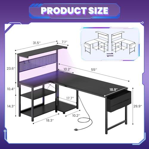 55in L Shaped Gaming Desk with Pegboard & Shelf & Storage Bag, Black - Image 3