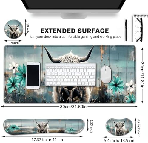 Large Gaming Mouse Pad+ Keyboard Wrist Rest Set, Ergonomics Memory Foam Mouse Mat Wrist Rest Support for Home Office, Waterproof Extended Mousepad 31.5x11.8in, Highland Cow Desk Pad - Image 6