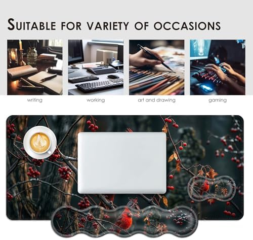 Large Keyboard Mouse Pad Set, Extended Mouse Pad+Keyboard Wrist Rest Support, Memory Foam Ergonomic Easy Typing, 4Pcs (31.5×11.8 in) Desk Pad Set for Office Home,Cardinal Bird - Image 7