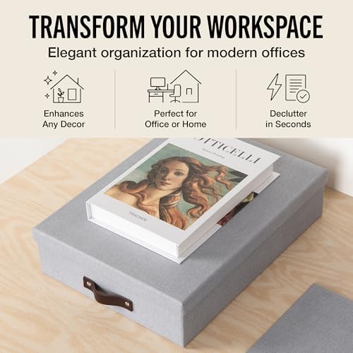 Bigso Oskar Canvas Fiberboard Document Letter Box - File Organizer Box for Important Paperwork - Document Storage with a Lid & Leather Handle - 3.3 in x 10.2 in x 13.8 in - 3 Pack - Ash - Image 2