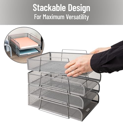 Mind Reader Stackable Paper Tray, Desktop Organizer, File Storage, Office, Metal Mesh, 10.5" L x 13.5" W x 11.25" H, 4 Pcs., Silver - Image 4