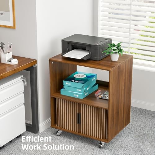 3-Tier Printer Stand, Fluted Rolling Printer Table with Storage, Walnut - Image 5