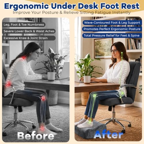 Foot Rest for Under Desk at Work, Ergonomic 2-in-1 Footrest Stool with 3 Adjustable Heights, Wave Contoured Foam Leg & Feet Support Cushion with Washable Velvet Cover for Office Chair, Gaming, Car - Image 6