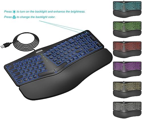 Arteck Split Ergonomic Keyboard with Palm Rest, USB Wired Backlit Keyboard - Image 6