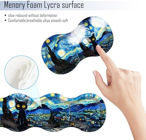 TGFEWYTJYJ Extended Gaming Mouse Pad,Memory Foam Ergonomic Keyboard Mouse Wrist Rest Support Set,Large Desk Mat with Stitched Edges,Non-Slip Base Mousepad Home Office,Starry Night Cat - Image 5