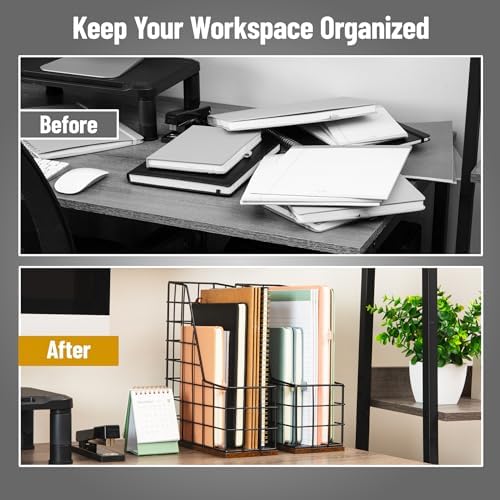 Mind Reader Vertical File Organizer with Wood Base and Black Metal Frame, Desktop Magazine Holder, Modern File Rack, Metal and Wood, Black - Image 5
