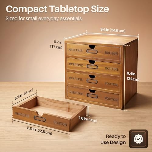 Flexzion Wood Desktop Organizer with Drawers, Desktop Storage Drawers Wood Cabinet, 4-Drawer Wooden Card Catalog Cabinet for Office, Crafts, Jewelry, Stationery, Vintage Brown (Pack of 2) - Image 2