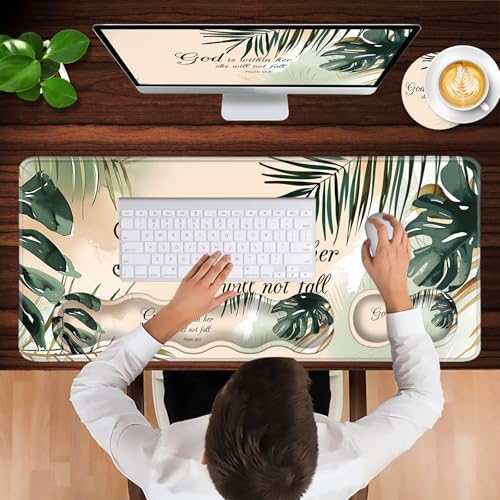Keyboard Wrist Rest and Mouse Pad with Wrist Support Set Ergonomic Coaster,Memory Foam,Easy Typing Pain Relief,Large XL Desk Mat 31.5"x 11.8",Matcha Green Plant Abstract Bible Verse Psalm 46-5 - Image 4