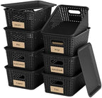 8 Pack Plastic Storage Baskets,Black Stackable Bins with Lid by WRRLORS