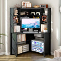 Corner Desk with Shelves-&LED Reading Light,Triangle Home Office Desk w/Charging Station for Work & Study,File Cabinet Storage Bookshelf for Small Space （Black） by MDGC