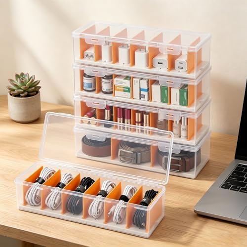 VZZNN 5 Pack Clear Cable Organizer Box with Lid, Plastic Cord Storage Case for Chargers, Power Cords, Electronics Accessories – Transparent Desk Organizer, Stackable, Adjustable Dividers by VZZNN