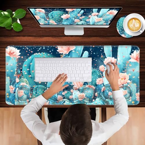 Keyboard Wrist Rest and Mouse Pad with Wrist Support Set Ergonomic Coaster,Memory Foam,Easy Typing Pain Relief,Large XL Desk Mat 31.5"x 11.8",Cute Cactus - Image 4