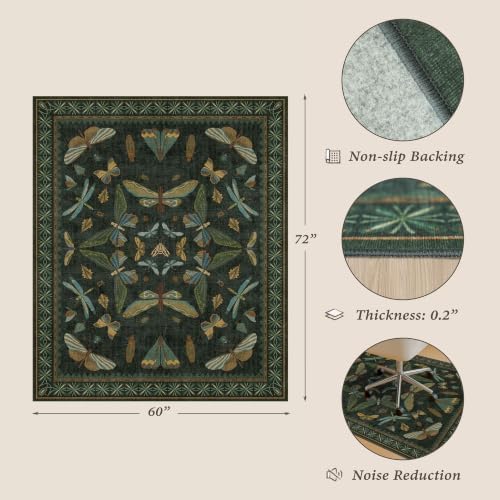 JTJ 5x6 Office Rug, Dark Green Vintage Insect Motif, Washable Non Slip - Image 2