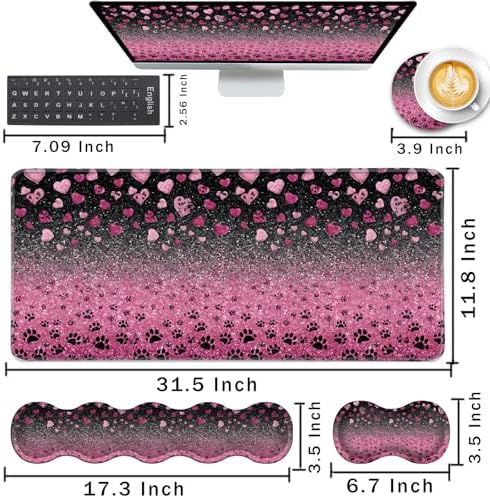 Keyboard Wrist Rest and Mouse Pad with Wrist Support Set Ergonomic Coaster,Memory Foam,Easy Typing Pain Relief,Large XL Desk Mat 31.5"x 11.8",Glitter Hearts and Paw Prints - Image 2