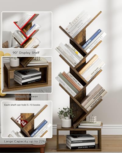 6 Tier Tree Book shelf - Small Bookcase and Small Bookshelf for Small Spaces, 15.0-Inch Wide Rustic Standing Organizer with Six Divided Book Tiers for Living Room, Bedroom or Home Office, Rustic Brown - Image 5