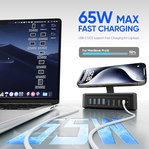 200W USB Charging Station, 11-in-1 USB C Power Strip Surge Protector, 2AC Outlets & 8USB Ports, 5ft Flat Plug Extension Cord with Multiple Devices, Desktop Charger for Home Office Desk Accessories - Image 3