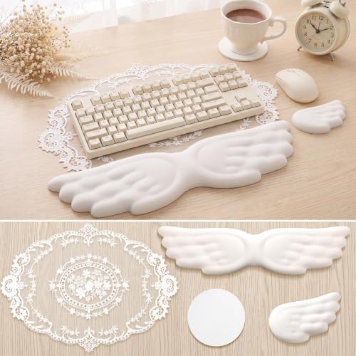 4 Pcs Cute Angel Wing Lace Keyboard Wrist Rest & Mouse Pad Coaster Set by Konohan