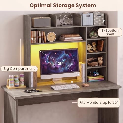 LDAILY Desktop Bookshelf with LED Lights, 35.5’’ Wooden Desk Shelf with 8 Cubes & 3 Adjustable Storage Shelves, 5-Tier Desk Hutch for Dorm College Office Computer Monitor Up to 25’’(Grey Oak) - Image 5