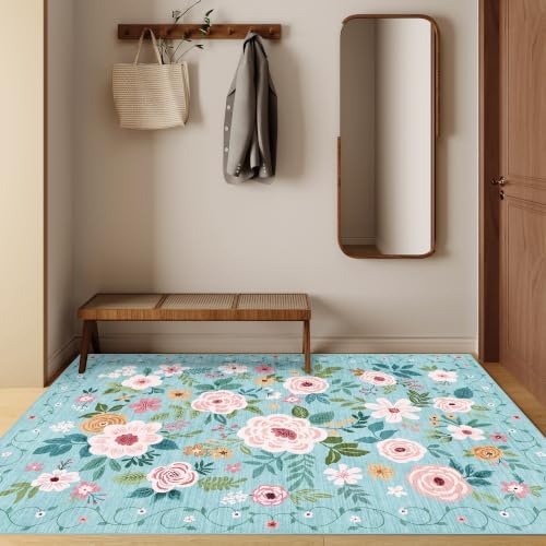 DUKINO 4x6 Area Rug, Floral Washable Rug Non Slip Office Chair Mat, Teal - Image 5