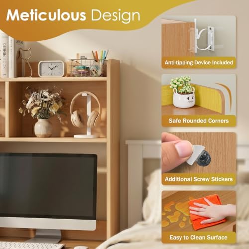 SUPER DEAL Desktop Bookshelf, Countertop Storage Hutch with 3 Shelves for Computer Desk, 2-Tier Display Rack, Multipurpose Wood Desk Hutch Storage Organizer for Home Office Dorm, Natural - Image 5