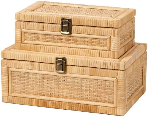 2PCS Rattan Box with Lid Decorative Natural Handmade Boho Basket by VinneGenzz