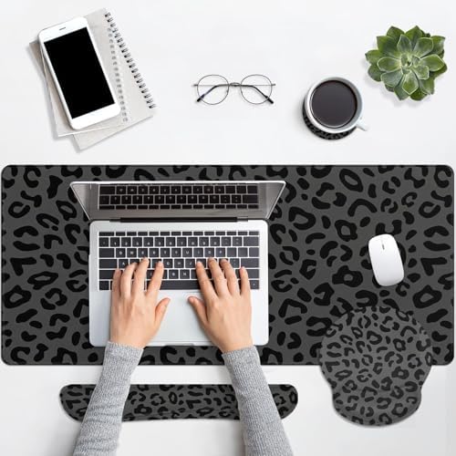 Britimes Keyboard Mouse Pad Set, 4 in 1 Desk Mat Set, Grey Leopard Cheetah - Image 7